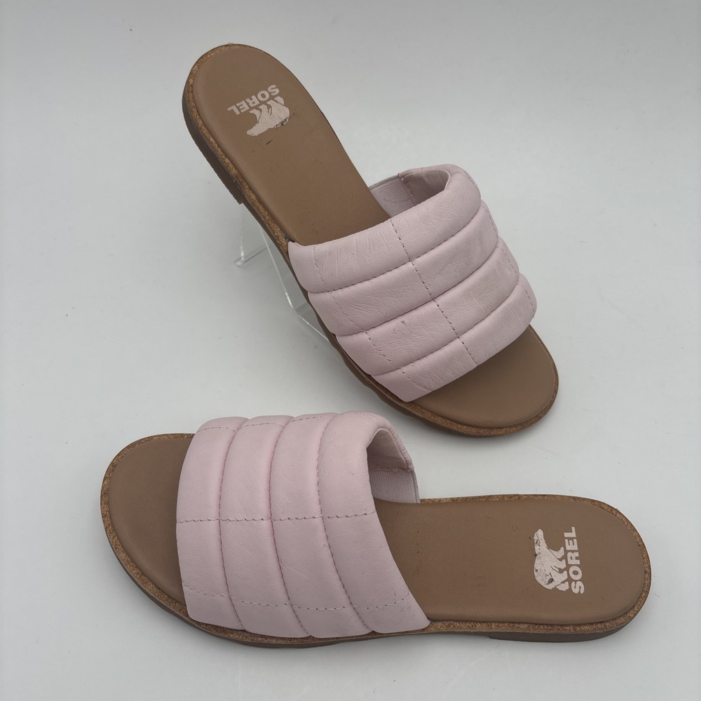 New Sorel Women's Ella III Quilted Puff Slide‎ Pink Leather Sandals Shoes Sz 8